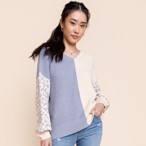 Leopard Colorblock Blue and Cream Sweater large - Picture 2 of 7